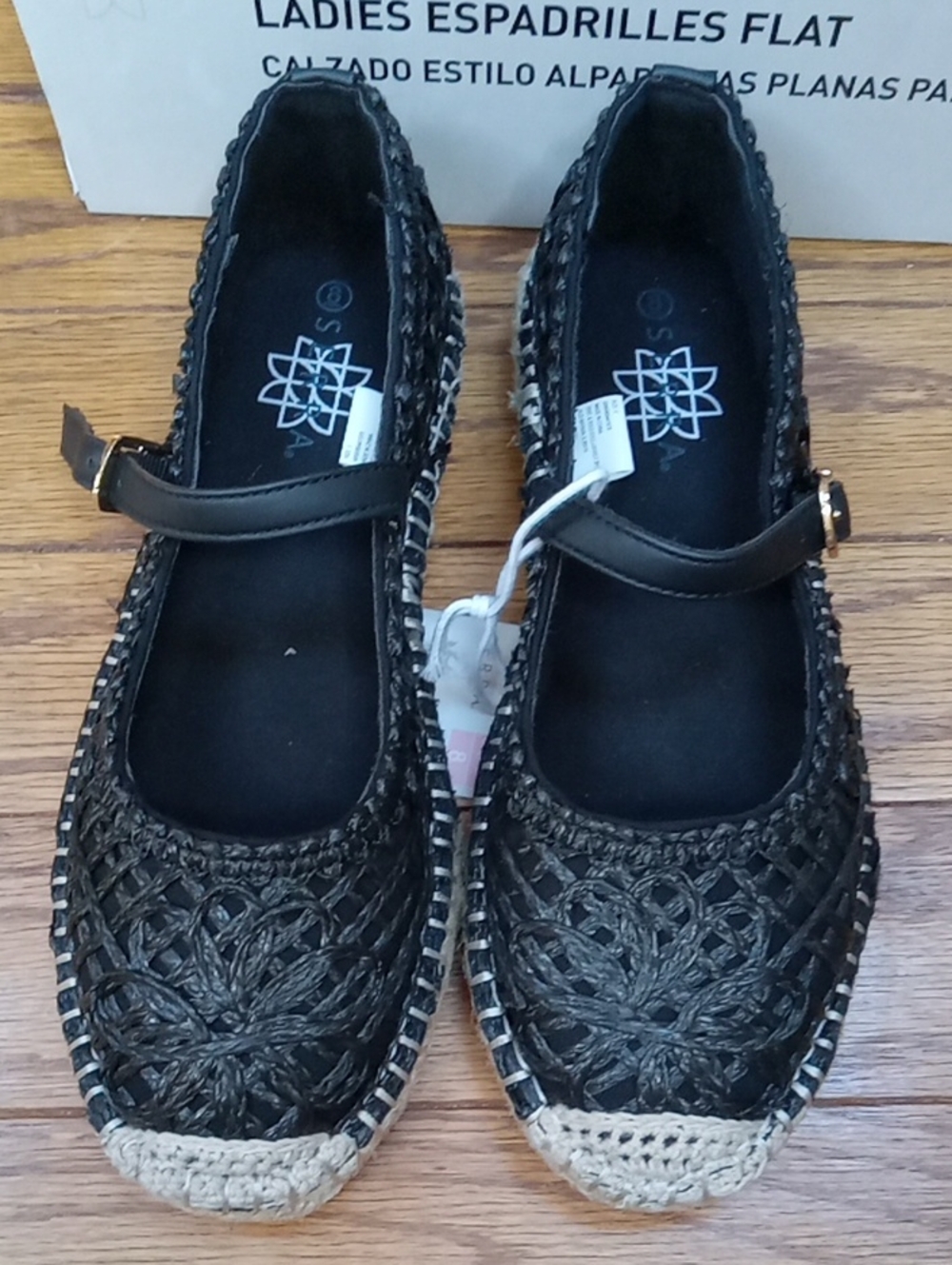 Serra Black Woven Espadrille Mary Jane Flats with Natural Toe